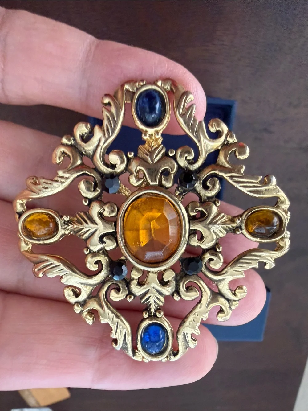 1960s Filigree Brooch with Amber and Sapphire Stones